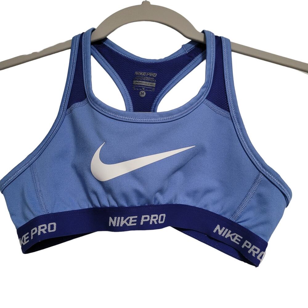 Nike Pro Blue Mesh Back White Swoosh Racerback Sports Bra Size Medium